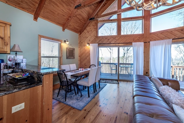 dining space with wood ceiling, plenty of natural light, light hardwood / wood-style floors, and beamed ceiling