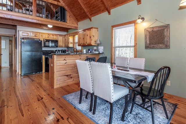 dining space with sink, wood ceiling, hardwood / wood-style flooring, beam ceiling, and high vaulted ceiling