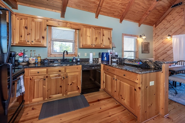 kitchen with sink, dishwasher, dark stone countertops, wooden ceiling, and kitchen peninsula