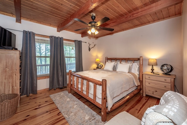 bedroom featuring ceiling fan, wooden ceiling, light hardwood / wood-style floors, and beamed ceiling