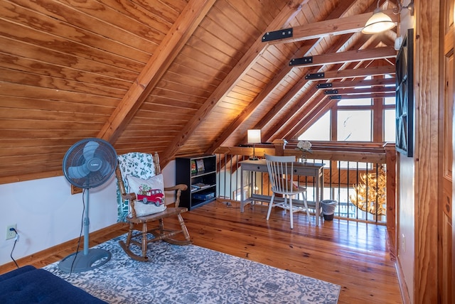 interior space featuring hardwood / wood-style flooring, vaulted ceiling with beams, and wooden ceiling