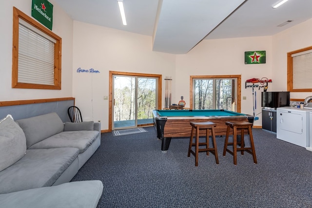 rec room with pool table, a healthy amount of sunlight, and carpet