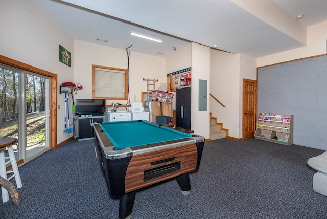 game room featuring pool table, electric panel, washer and dryer, and dark colored carpet