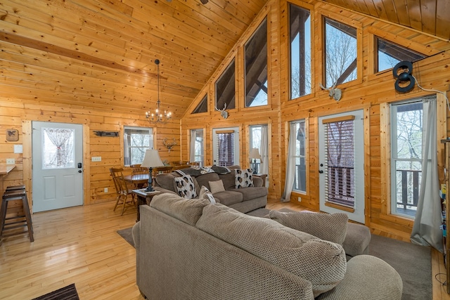 living area with wooden ceiling, wooden walls, and plenty of natural light