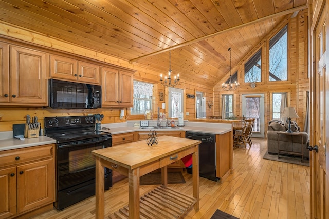 kitchen with a sink, plenty of natural light, black appliances, and a peninsula