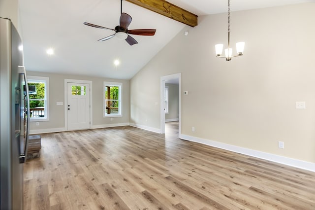 unfurnished living room with light hardwood / wood-style floors, beam ceiling, high vaulted ceiling, and ceiling fan with notable chandelier