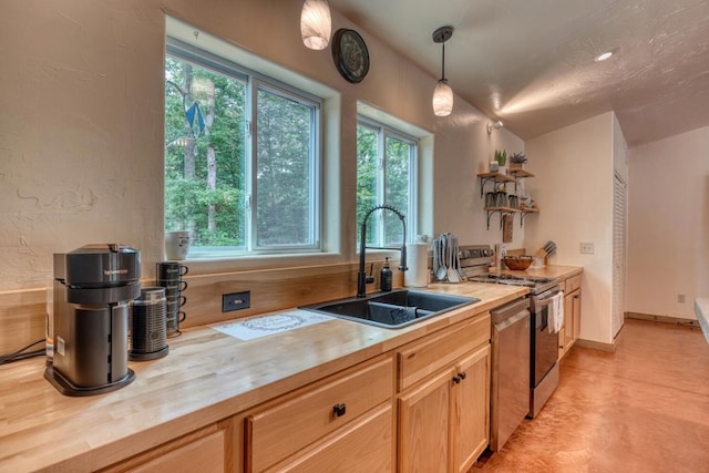 1529 Cedar View Ln, Hiawassee, GA 30546 - kitchen featuring appliances with stainless steel finishes, healthy amount of natural light, butcher block counters, and hanging light fixtures