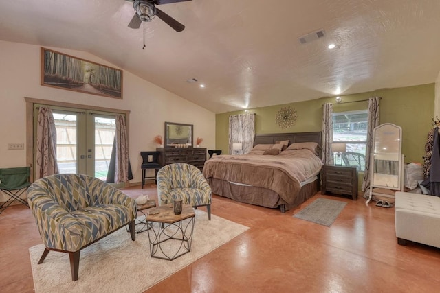 1529 Cedar View Ln, Hiawassee, GA 30546 - bedroom with french doors, access to exterior, finished concrete floors, vaulted ceiling, and recessed lighting