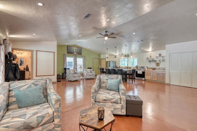 1529 Cedar View Ln, Hiawassee, GA 30546 - living area with concrete flooring, lofted ceiling, ceiling fan, and recessed lighting
