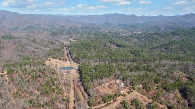 drone / aerial view with a mountain view and a wooded view