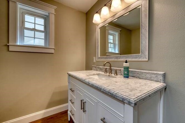 bathroom with hardwood / wood-style floors and vanity