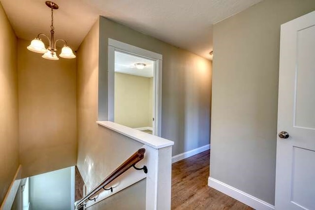 hallway with a chandelier and wood-type flooring