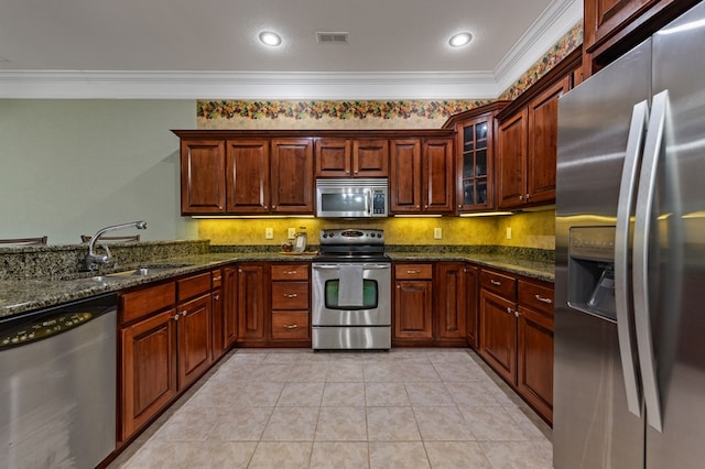 1726 Watercrest Way # B, Young Harris, GA 30582 - kitchen featuring appliances with stainless steel finishes, a sink, ornamental molding, light tile patterned floors, and glass insert cabinets