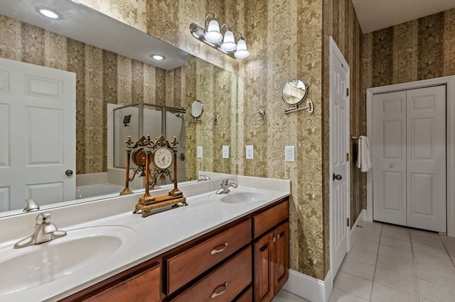 1726 Watercrest Way # B, Young Harris, GA 30582 - full bathroom featuring a closet, tile patterned floors, double vanity, wallpapered walls, and a shower stall