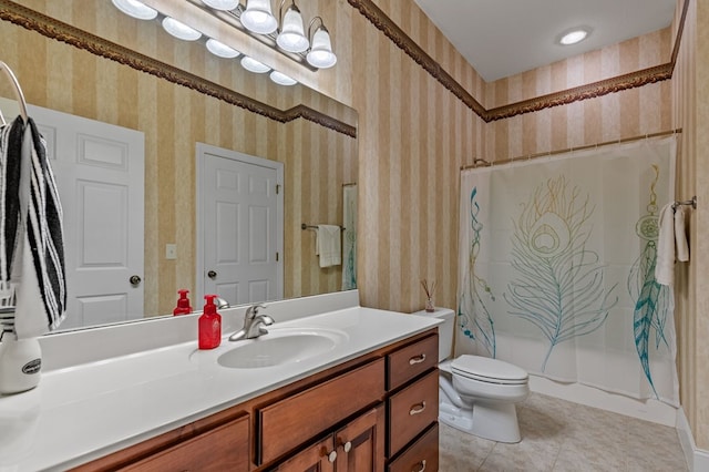 1726 Watercrest Way # B, Young Harris, GA 30582 - full bathroom with wallpapered walls, vanity, toilet, tile patterned flooring, and shower / tub combo with curtain