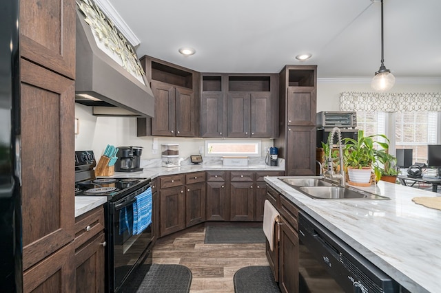 kitchen with black appliances, ornamental molding, open shelves, and ventilation hood