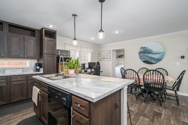 kitchen featuring black dishwasher, washer / clothes dryer, dark wood-type flooring, light countertops, and a sink