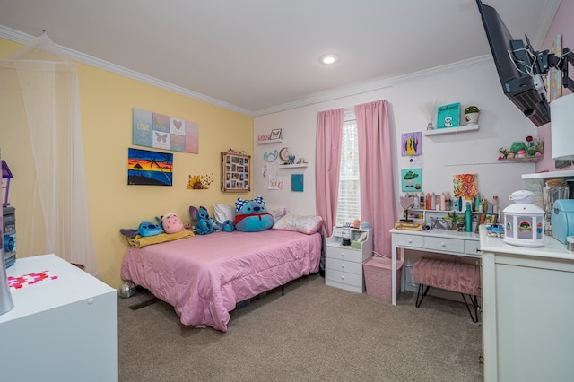 bedroom with carpet floors, ornamental molding, and recessed lighting