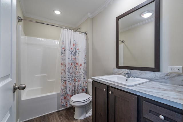 bathroom featuring shower / bath combination with curtain, toilet, ornamental molding, vanity, and wood finished floors