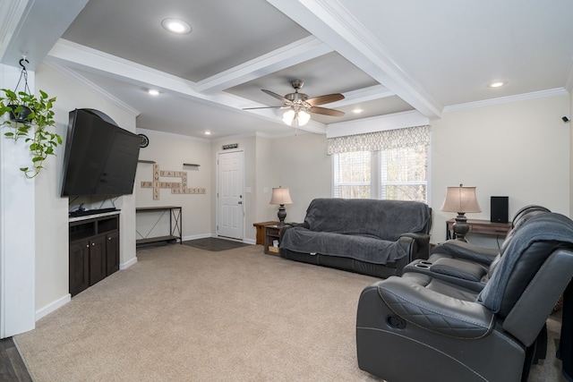 living area featuring carpet, baseboards, beam ceiling, and ornamental molding