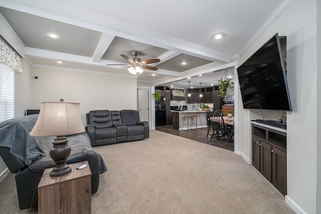 carpeted living room featuring ornamental molding, beamed ceiling, and coffered ceiling