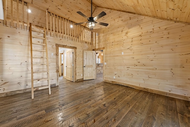 empty room with high vaulted ceiling, dark hardwood / wood-style flooring, wood walls, and wood ceiling