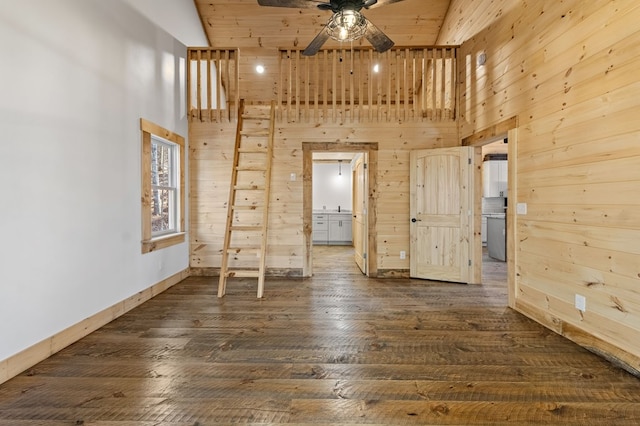 spare room with high vaulted ceiling, dark wood-type flooring, ceiling fan, and wooden walls