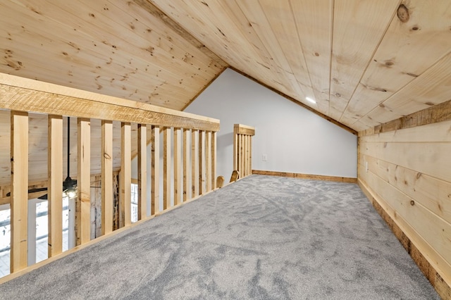 bonus room featuring vaulted ceiling, carpet, and wooden ceiling