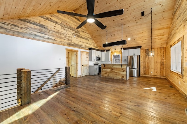 unfurnished living room with high vaulted ceiling, wooden ceiling, dark hardwood / wood-style flooring, and wooden walls