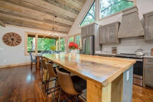 241 Lees Ride, Mccaysville, GA 30555 - kitchen featuring stainless steel appliances, premium range hood, wooden counters, dark wood finished floors, and plenty of natural light