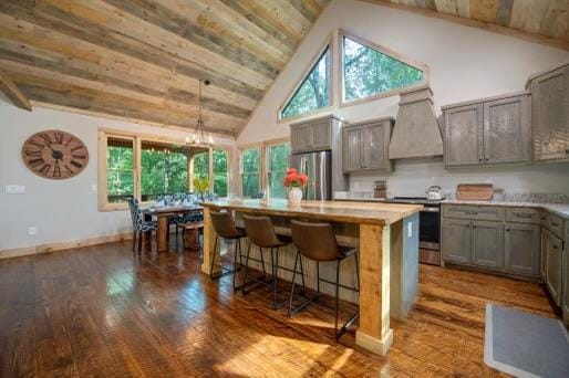 241 Lees Ride, Mccaysville, GA 30555 - kitchen featuring premium range hood, appliances with stainless steel finishes, gray cabinets, high vaulted ceiling, and a center island