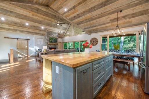 241 Lees Ride, Mccaysville, GA 30555 - kitchen featuring gray cabinets, freestanding refrigerator, wooden counters, wooden ceiling, and dark wood-style flooring