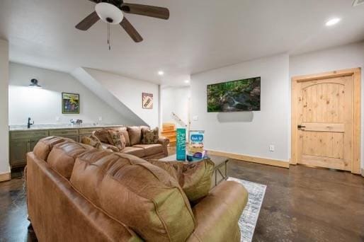 241 Lees Ride, Mccaysville, GA 30555 - living room with a ceiling fan, concrete floors, baseboards, bar with sink, and recessed lighting