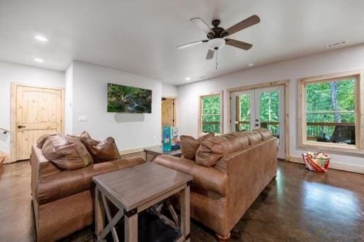 241 Lees Ride, Mccaysville, GA 30555 - living room with recessed lighting, concrete floors, french doors, a ceiling fan, and baseboards