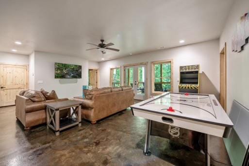 241 Lees Ride, Mccaysville, GA 30555 - game room featuring recessed lighting, a ceiling fan, and concrete floors
