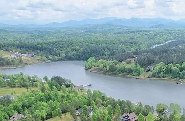 aerial view with a water view and a forest view