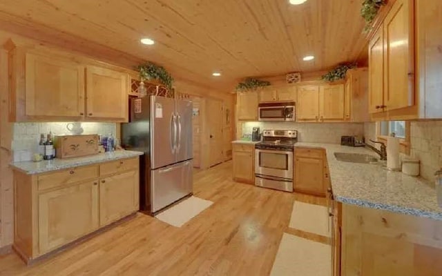 600 Mill Ridge Rd, Hiawassee, GA 30546 - kitchen featuring recessed lighting, wooden ceiling, a sink, light wood-style flooring, and stainless steel appliances