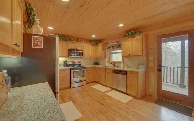600 Mill Ridge Rd, Hiawassee, GA 30546 - kitchen featuring appliances with stainless steel finishes, light countertops, light wood-style flooring, recessed lighting, and wood ceiling