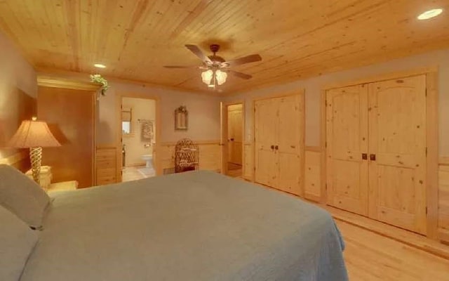 600 Mill Ridge Rd, Hiawassee, GA 30546 - bedroom with wood ceiling, connected bathroom, multiple closets, recessed lighting, and light wood-style flooring