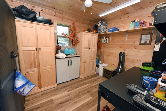 office featuring wood walls, light wood-type flooring, ceiling fan, and wooden ceiling