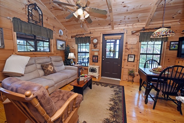 living room with light hardwood / wood-style floors, lofted ceiling, wooden ceiling, and wood walls