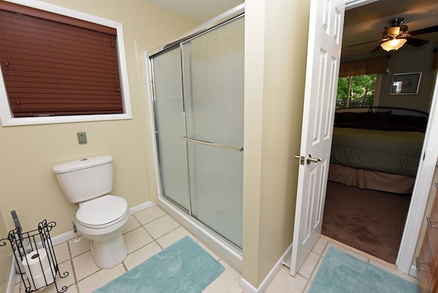 full bathroom with toilet, a ceiling fan, connected bathroom, and a shower with shower door