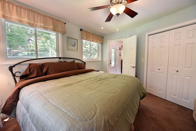 bedroom with a closet, a ceiling fan, carpet flooring, and recessed lighting