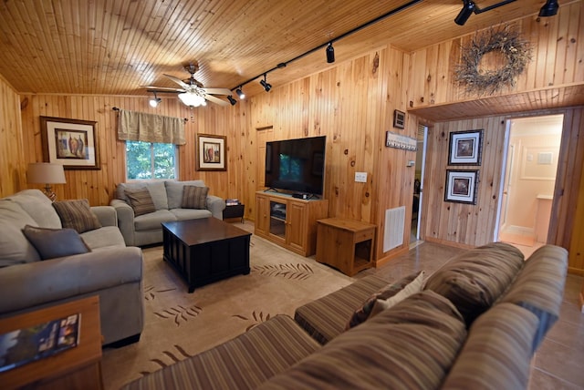 living area featuring visible vents, wooden ceiling, ceiling fan, wooden walls, and rail lighting