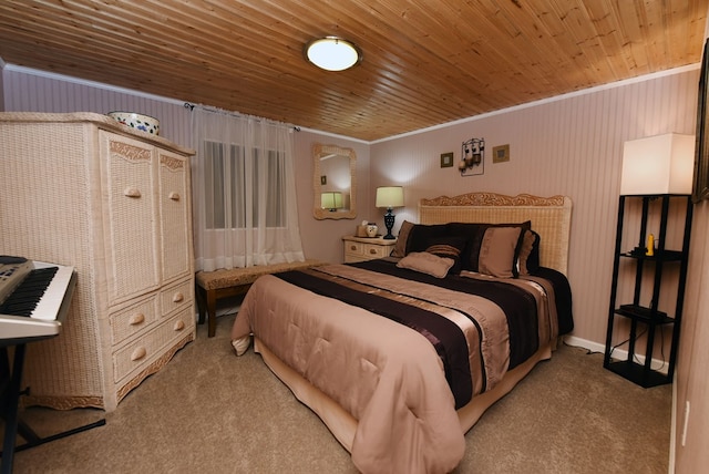 carpeted bedroom with ornamental molding and wood ceiling