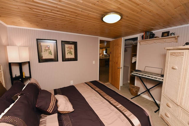 bedroom with crown molding, carpet flooring, and wooden ceiling