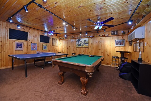 recreation room with track lighting, baseboards, a ceiling fan, and carpet
