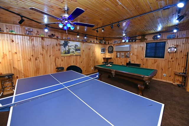 playroom with track lighting, a ceiling fan, wooden walls, pool table, and a wall unit AC
