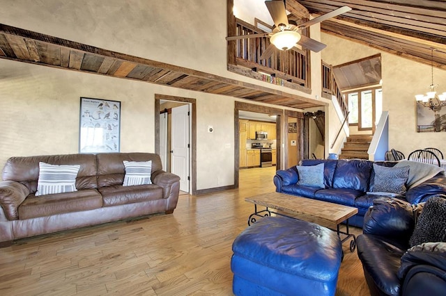 living room with lofted ceiling, wood-type flooring, ceiling fan with notable chandelier, and wooden ceiling