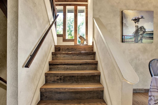 staircase with hardwood / wood-style flooring